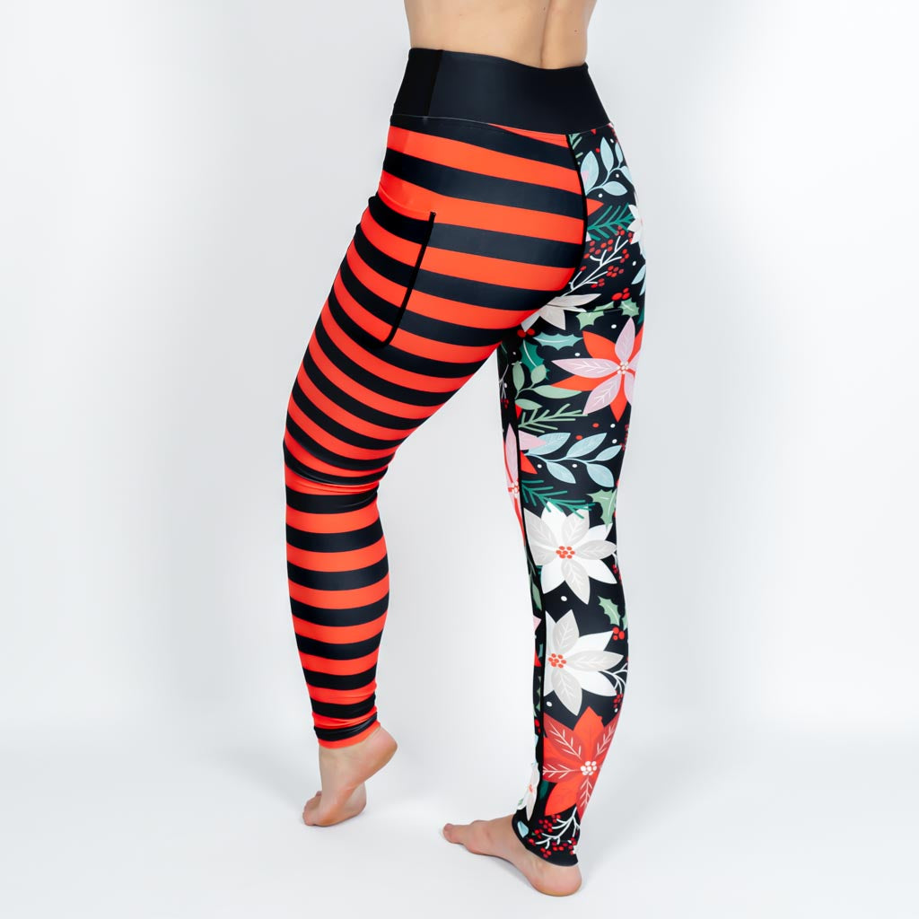 Kvinde i højtaljede mønstrede leggings. Tights har lommer på begge sider. Meget elastiske og squat proof.